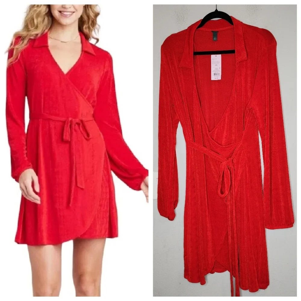 NWT Red Slinky‎ Stretchy Faux Wrap Long Sleeve Mini Dress Size XXL Wild Fable
